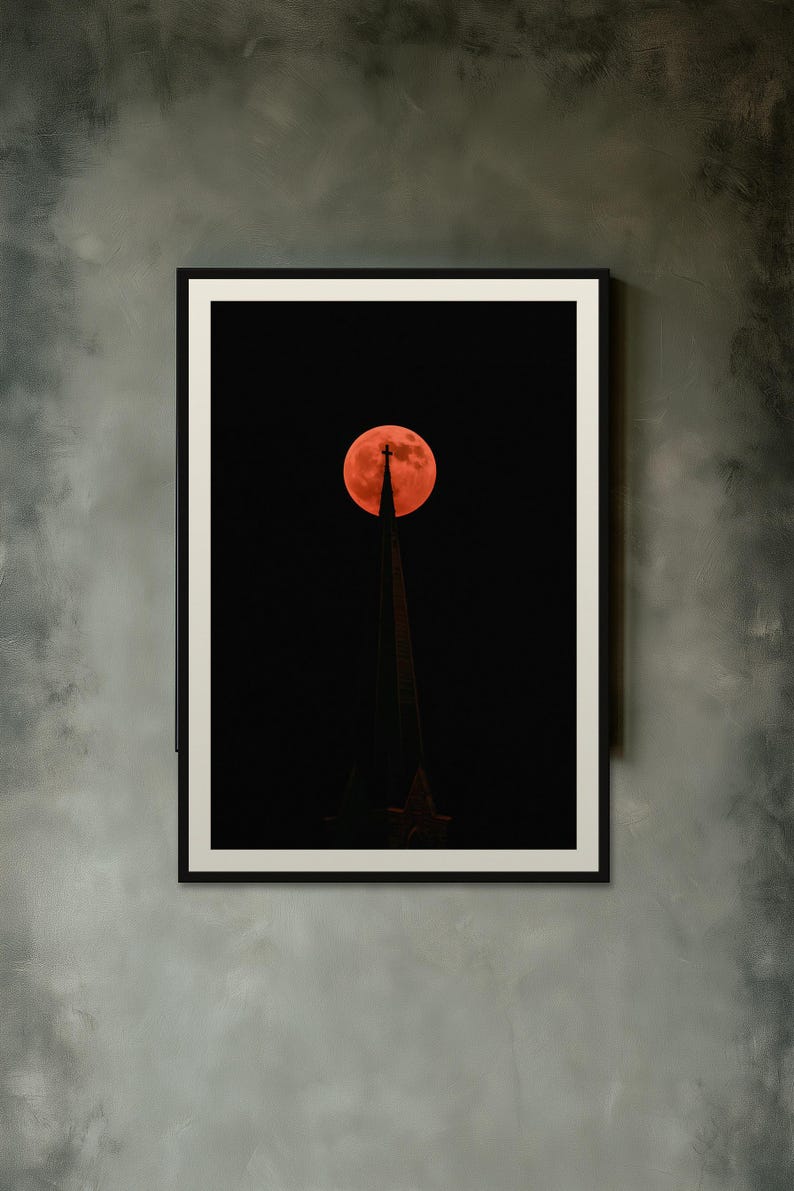 Blood Moon over Church Spire Print, Moody Night Sky Wall Art, Dark Cottagecore Celestial Decor, Digital Download image 10