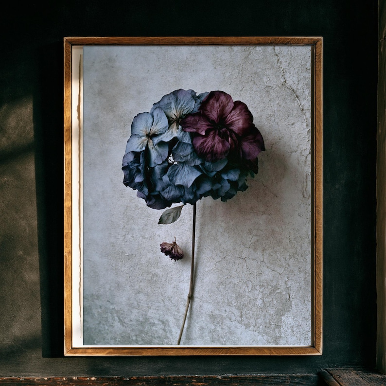 Blue-Mauve Hydrangea Print, Dark Academia Wall Art (Digital Download) image 1