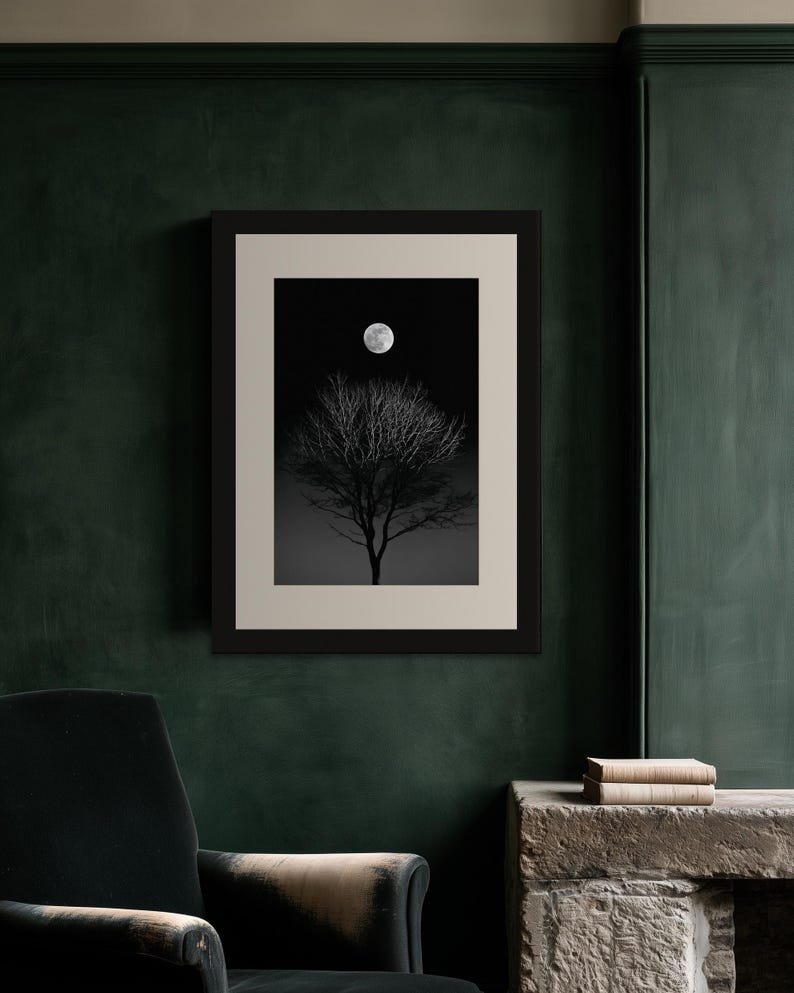 Full Moon Behind Oak Tree Print, Moody Night Sky Wall Art (Digital Download) image 7
