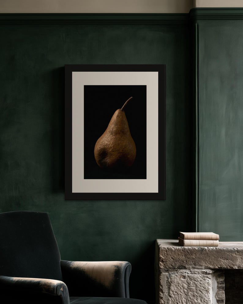 Russet Pear Print, Fruit Still Life Art, Dark Academia Kitchen Art, Brown Moody Printable image 3