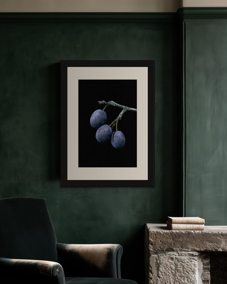 Damson Plums Print, Fruit on Twig Art, Dark Cottagecore Kitchen Art, Plum Blue Printable image 3
