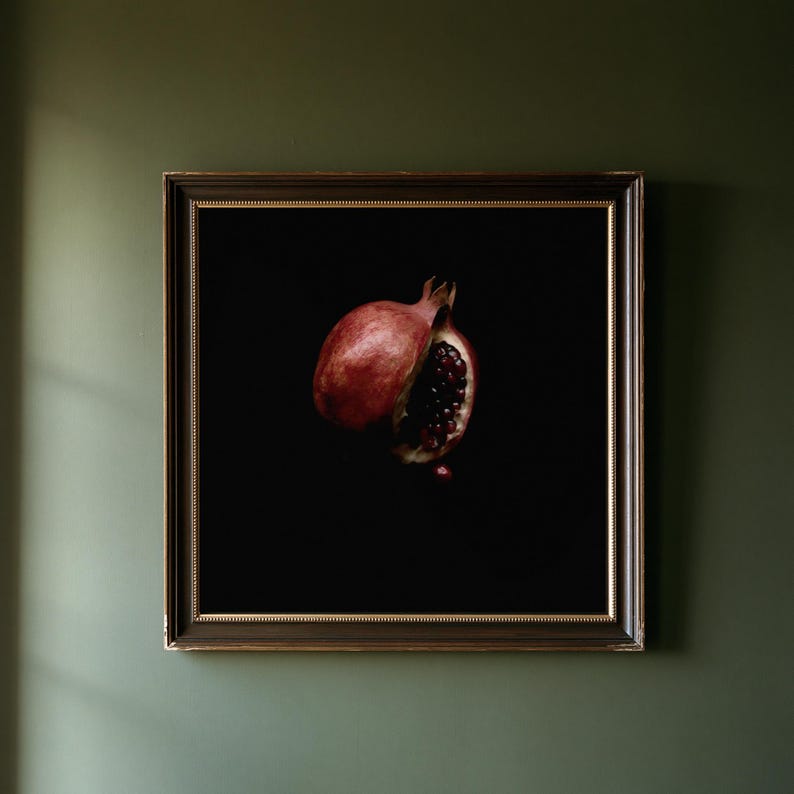 Split Pomegranate Print, Garnet Seed Art, Dark Cottagecore Dining Room Art, Deep Red Printable image 1