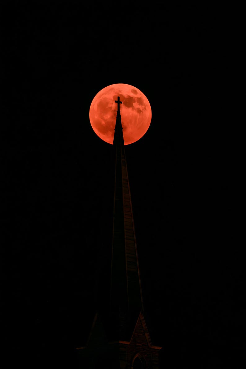 Blood Moon over Church Spire Print, Moody Night Sky Wall Art, Dark Cottagecore Celestial Decor, Digital Download image 12