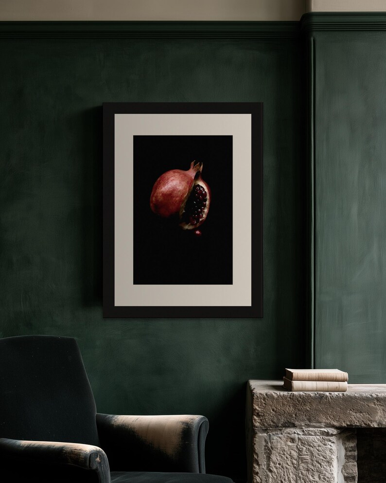 Split Pomegranate Print, Garnet Seed Art, Dark Cottagecore Dining Room Art, Deep Red Printable image 3