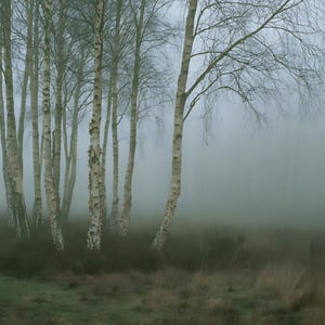Silver Birch in Fog Print, Fallen Trunk Woodland Art, Misty Winter Bedroom Art image 4