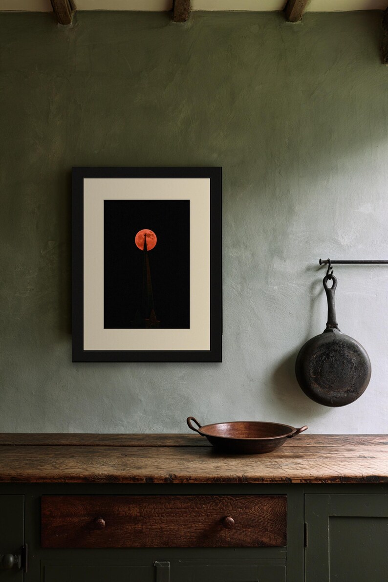Blood Moon over Church Spire Print, Moody Night Sky Wall Art, Dark Cottagecore Celestial Decor, Digital Download image 8