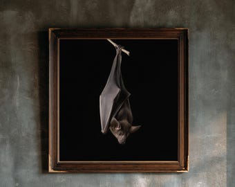 May include: A framed wall art piece featuring a dark brown wooden frame containing a high-contrast image of a single bat hanging upside down from a small branch against a solid black background. The bat is depicted with its wings folded tightly.