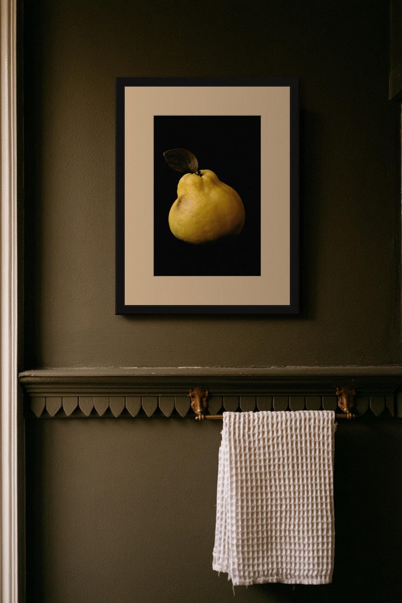 Golden Quince Print, Fruit Still Life Art, Dark Cottagecore Kitchen Art, Mustard Yellow Printable image 8