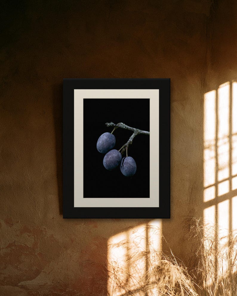 Damson Plums Print, Fruit on Twig Art, Dark Cottagecore Kitchen Art, Plum Blue Printable image 7