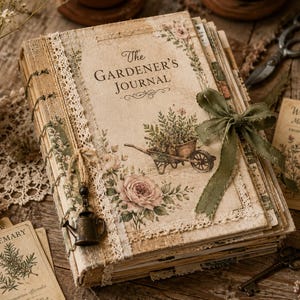 May include: A beige fabric-covered journal titled The Gardener's Journal, featuring a printed illustration of a wheelbarrow with plants and roses. The book is bound with exposed stitching, white lace trim, and a green ribbon tie with a metal charm.