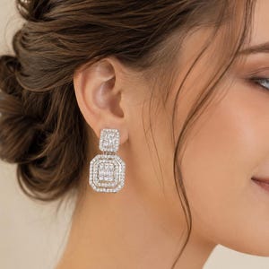 Diamond CZ Clip-On Earrings, Non-Pierced Bridal Drop Earrings, Silver-Tone Wedding Bridal Earrings, Jewelry for Women