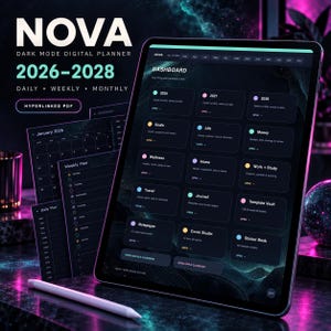 May include: A digital planner titled NOVA Dark Mode Digital Planner 2026-2028, displayed on a tablet screen. The interface features a dark dashboard with categorized sections for goals, life, money, wellness, home, work, study, travel, and journals.