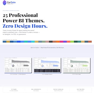 May include: A digital product advertisement for 25 Professional Power BI Themes by CorData. The text reads: 25 Professional Power BI Themes. Zero Design Hours. It displays a color palette bar and three dashboard screenshots labeled C1-05 Ink & Steel, C2-01 Midnight Analytics, and C5-01 Forest Ledger.