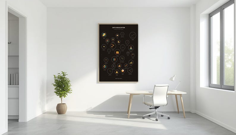 Data Visualization constellation poster framed on a wall in a bright modern minimalist home office
