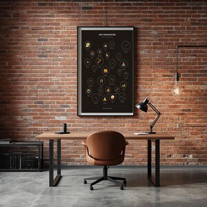 Data Visualization constellation poster framed on a wall in an industrial loft home office with exposed brick