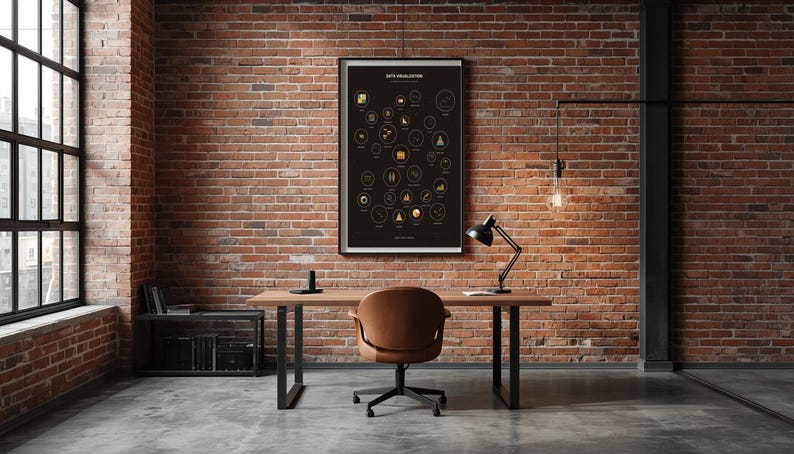 Data Visualization constellation poster framed on a wall in an industrial loft home office with exposed brick