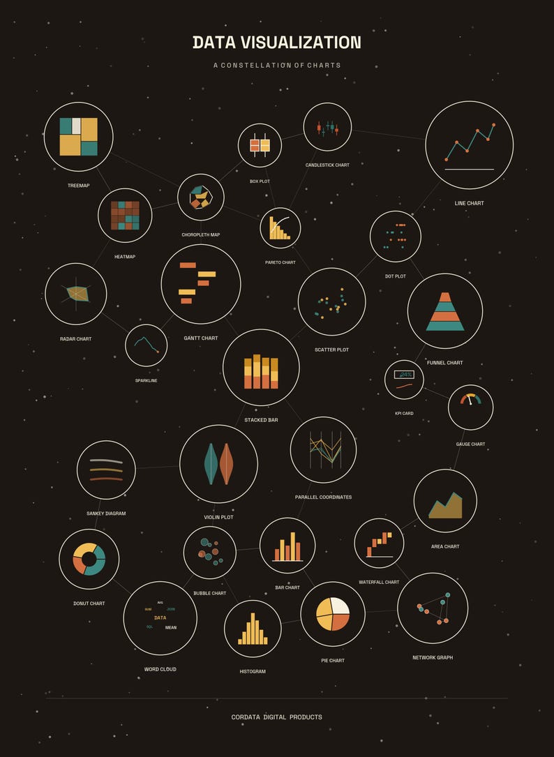 Data Visualization poster showing 24 chart types mapped like a constellation on a dark starry background