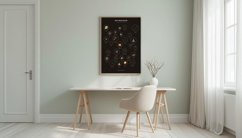 Data Visualization constellation poster framed on a wall in a bright Scandinavian home office