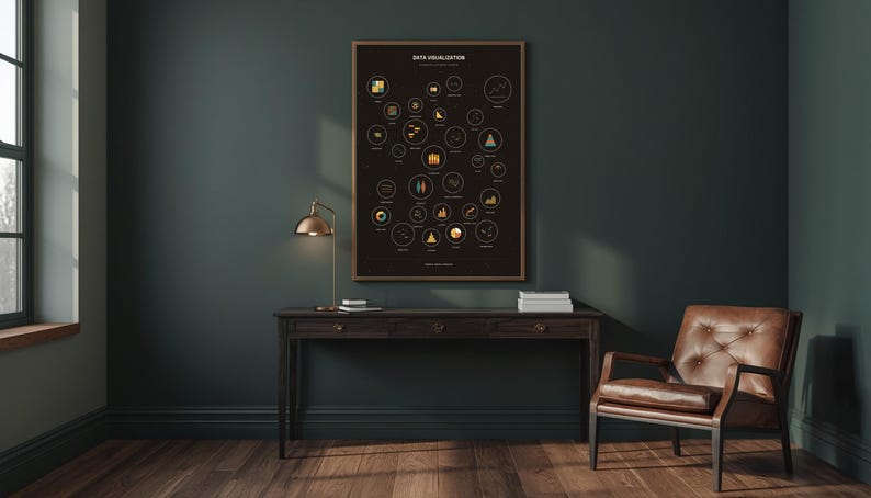 Data Visualization constellation poster framed on a wall in a moody dark green home office