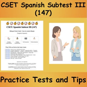 Może przedstawiać: Dwujęzyczny przewodnik do nauki CSET Spanish Subtest III (147) z tekstem w języku angielskim i hiszpańskim, ikonami słuchania, czytania, wypowiedzi ustnych i pisemnych, dziewięcioma sekcjami oraz ilustracją dwóch osób w strojach biznesowych.