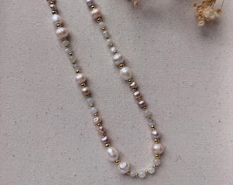 First Light Necklace: Freshwater Pearl, Moonstone, 18K Gold Filled Beads (18" Layering)