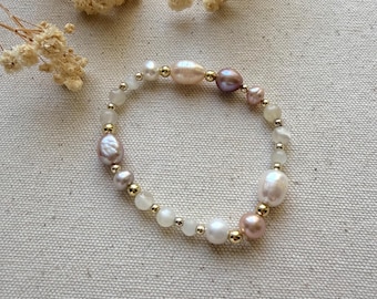 First Light Bracelet: Freshwater Pearl, Moonstone, 18K Gold Filled (Stretch)