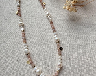 Sunwashed Necklace: Faceted Sunstone, Freshwater Pearls, Gold Personalized Initial