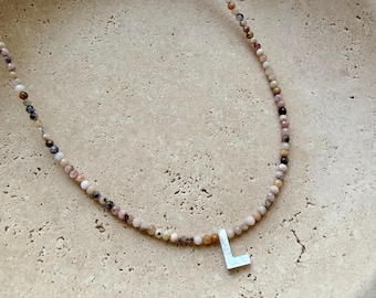 Dune Necklace: Micro Faceted 2 mm Peruvian Pink Opal and Iridescent Mother-of-Pearl Initial