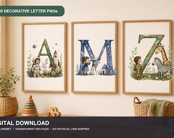 English Alphabet Clipart, 26 Decorative Letter PNGs, Watercolor Kids Initials, Digital Download