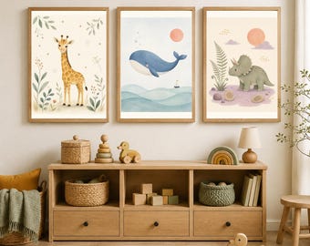 Gentle Animal Wonder Nursery Wall Art Trio, Giraffe Whale Dinosaur Prints, 3:4 Printable Digital Download