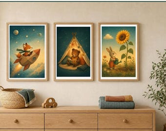 Gender-Neutral Kids Room Wall Art Set of 3, Printable Storybook Animal Posters