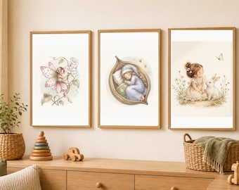 Flower Fairy Nursery Print Set, Sleeping Baby, Bunny Companion (Digital Download)