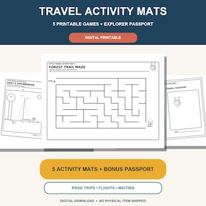 Printable Travel Activity Mats for Kids, 5 Screen-Free Road Trip Games, A4 & US Letter PDF