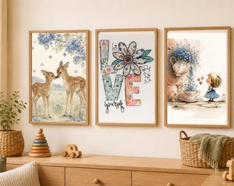 Blue Meadow Fawn Wall Art Set, Woodland Nursery Decor, Digital Download