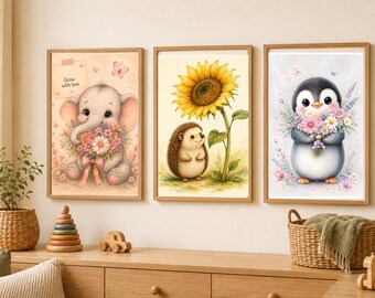 Little Sunbeam Hedgehog Wall Art Set, Sunflower Nursery Decor, Digital Download