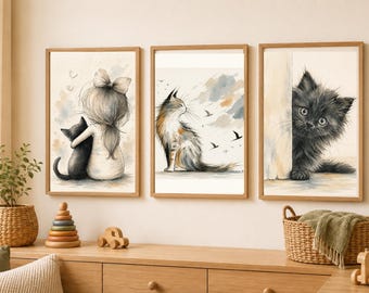 Black Cat Wall Art Set, Watercolor Cat Nursery Decor, 3 Printable Posters