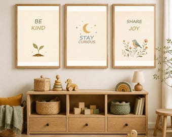 Be Kind Stay Curious Share Joy Nursery Poster Set (Digital Download)