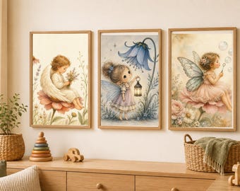 Little Garden Angel Wall Art Set, Printable Nursery Decor, Digital Download