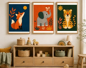 Bold Folk Animal Nursery Wall Art Trio, Fox Elephant Tiger Prints, 3:4 Printable Digital Download