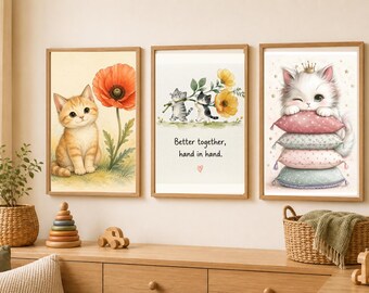 Kitten and Poppy Wall Art Set, Printable Nursery Decor, Digital Download