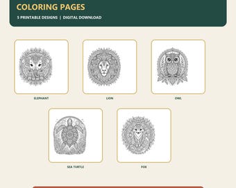 Animal Mandala Coloring Pages | Elephant, Lion, Owl, Turtle, Fox (Digital Download)