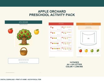 Apple Orchard Preschool Activity Pack, Printable Counting Matching Games, Coloring Pages PDF