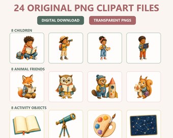 Creative Explorer Friends Clipart, Watercolor Children Animals (Digital Download)