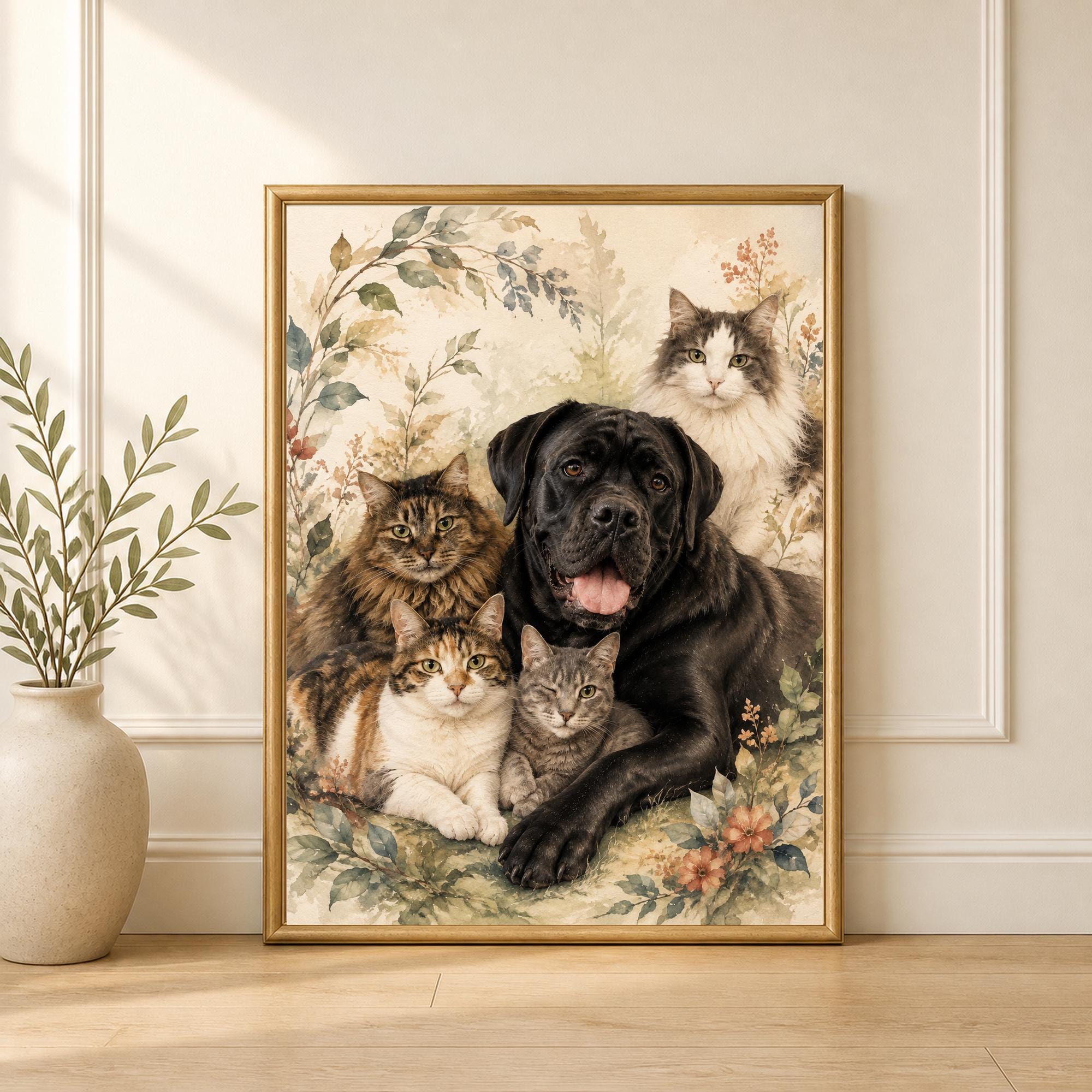 Custom Pet Family Portrait, Personalized Watercolor Wall Art, 2 Digital Designs, Made to Order