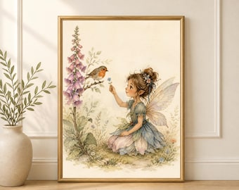 Fairy Robin Wall Art, Enchanted Garden Nursery Decor, Printable Digital Download