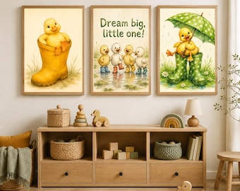 Duckling Nursery Wall Art Set, Rain Boot & Umbrella Prints (Digital Download)
