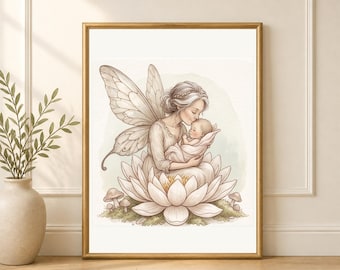 Mother and Baby Fairy Wall Art, Whimsical Nursery Decor, Lotus Flower Printable, Digital Download