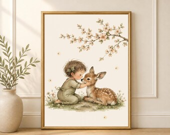 Woodland Child Fawn Wall Art, Deer Nursery Decor, Printable Digital Download