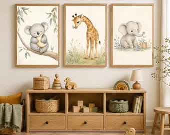 Animal Nursery Prints Set of 3, Gentle Nursery Wall Art, Digital Download