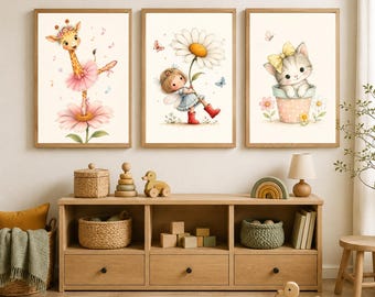 Playful Storybook Wall Art Set, 3 Printable Nursery Posters, Digital Download